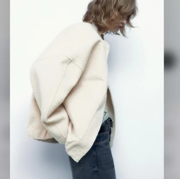 Zara Viral Oversized Bomber Jacket with Pockets Cream/Ecru Boucle - Picture 14 of 16